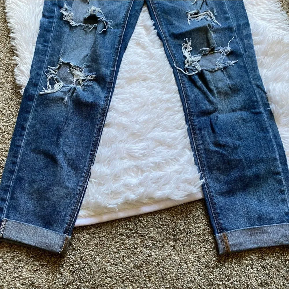 American Eagle Tomgirl Jeans Button‎ Fly Raw Ankle Hem Blue Stretch Distressed 2